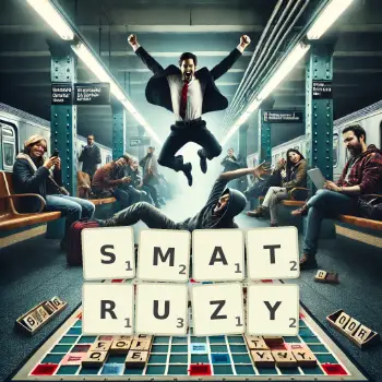 Kreatywna ilustracja do gry w Scrabble ze słowem SMATRUZY ułożonym z płytek na planszy.