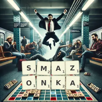 Kreatywna ilustracja do gry w Scrabble ze słowem SMAZONKA ułożonym z płytek na planszy.