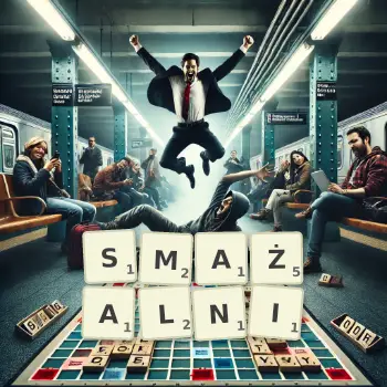 Kreatywna ilustracja do gry w Scrabble ze słowem SMAŻALNI ułożonym z płytek na planszy.