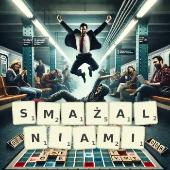 Kreatywna ilustracja do gry w Scrabble ze słowem SMAŻALNIAMI ułożonym z płytek na planszy.