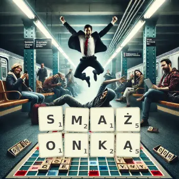 Kreatywna ilustracja do gry w Scrabble ze słowem SMAŻONKĄ ułożonym z płytek na planszy.
