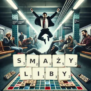 Kreatywna ilustracja do gry w Scrabble ze słowem SMAŻYLIBY ułożonym z płytek na planszy.
