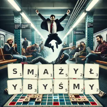 Kreatywna ilustracja do gry w Scrabble ze słowem SMAŻYŁYBYŚMY ułożonym z płytek na planszy.
