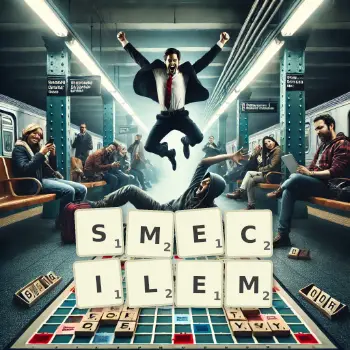 Kreatywna ilustracja do gry w Scrabble ze słowem SMECILEM ułożonym z płytek na planszy.