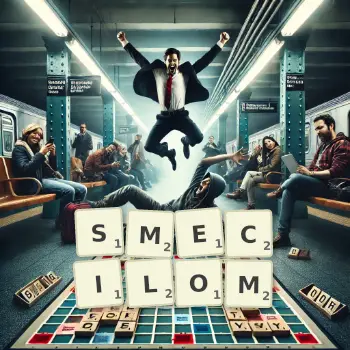 Kreatywna ilustracja do gry w Scrabble ze słowem SMECILOM ułożonym z płytek na planszy.