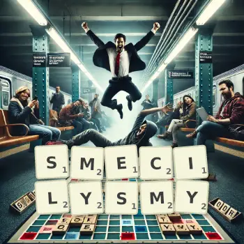 Kreatywna ilustracja do gry w Scrabble ze słowem SMECILYSMY ułożonym z płytek na planszy.