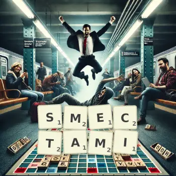 Kreatywna ilustracja do gry w Scrabble ze słowem SMECTAMI ułożonym z płytek na planszy.