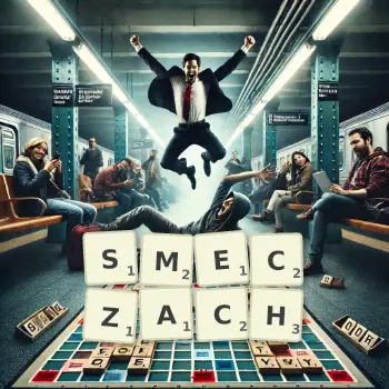 Kreatywna ilustracja do gry w Scrabble ze słowem SMECZACH ułożonym z płytek na planszy.