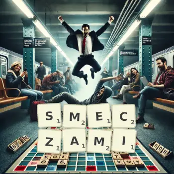 Kreatywna ilustracja do gry w Scrabble ze słowem SMECZAMI ułożonym z płytek na planszy.