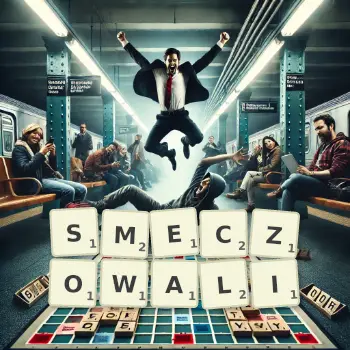 Kreatywna ilustracja do gry w Scrabble ze słowem SMECZOWALI ułożonym z płytek na planszy.
