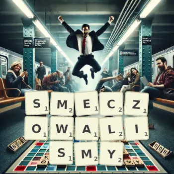 Kreatywna ilustracja do gry w Scrabble ze słowem SMECZOWALISMY ułożonym z płytek na planszy.