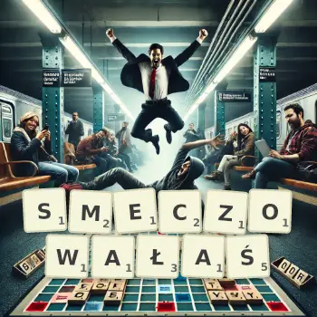 Kreatywna ilustracja do gry w Scrabble ze słowem SMECZOWAŁAŚ ułożonym z płytek na planszy.