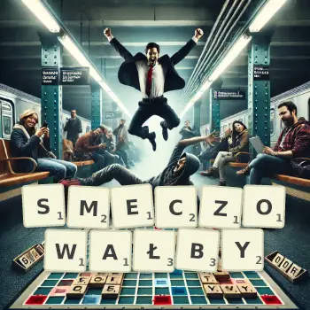 Kreatywna ilustracja do gry w Scrabble ze słowem SMECZOWAŁBY ułożonym z płytek na planszy.