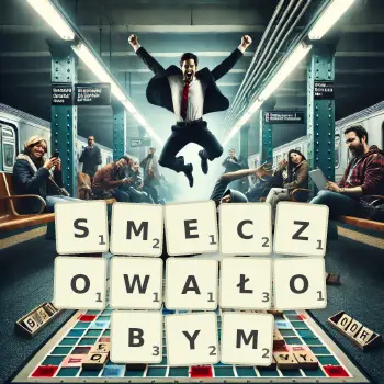 Kreatywna ilustracja do gry w Scrabble ze słowem SMECZOWAŁOBYM ułożonym z płytek na planszy.