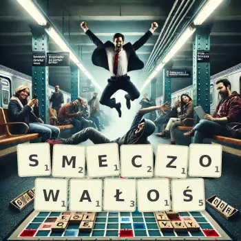 Kreatywna ilustracja do gry w Scrabble ze słowem SMECZOWAŁOŚ ułożonym z płytek na planszy.