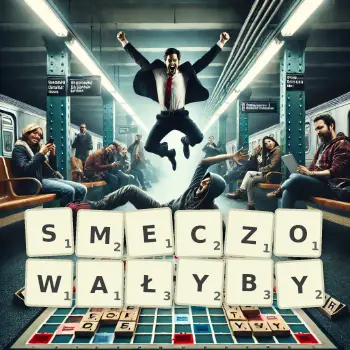 Kreatywna ilustracja do gry w Scrabble ze słowem SMECZOWAŁYBY ułożonym z płytek na planszy.