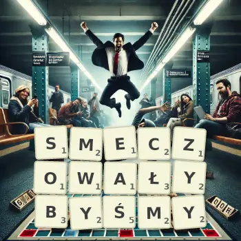 Kreatywna ilustracja do gry w Scrabble ze słowem SMECZOWAŁYBYŚMY ułożonym z płytek na planszy.