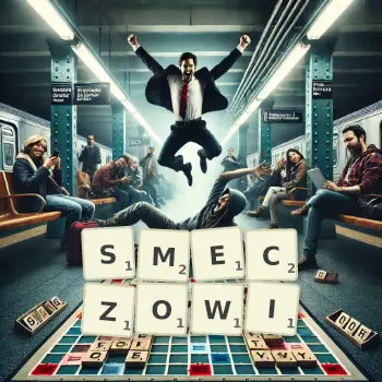 Kreatywna ilustracja do gry w Scrabble ze słowem SMECZOWI ułożonym z płytek na planszy.