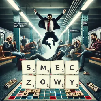 Kreatywna ilustracja do gry w Scrabble ze słowem SMECZOWY ułożonym z płytek na planszy.