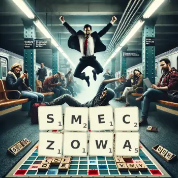 Kreatywna ilustracja do gry w Scrabble ze słowem SMECZOWĄ ułożonym z płytek na planszy.