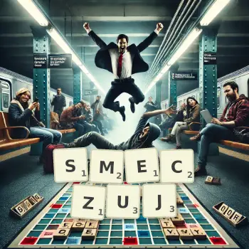 Kreatywna ilustracja do gry w Scrabble ze słowem SMECZUJ ułożonym z płytek na planszy.