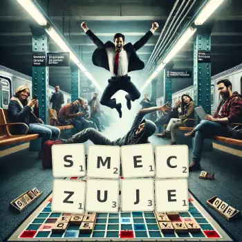 Kreatywna ilustracja do gry w Scrabble ze słowem SMECZUJE ułożonym z płytek na planszy.