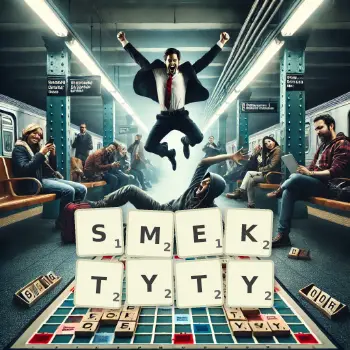 Kreatywna ilustracja do gry w Scrabble ze słowem SMEKTYTY ułożonym z płytek na planszy.