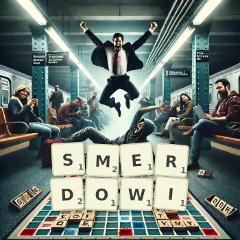 Kreatywna ilustracja do gry w Scrabble ze słowem SMERDOWI ułożonym z płytek na planszy.