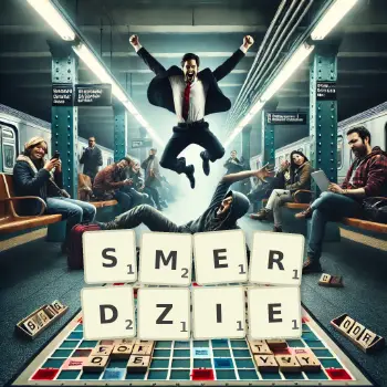 Kreatywna ilustracja do gry w Scrabble ze słowem SMERDZIE ułożonym z płytek na planszy.