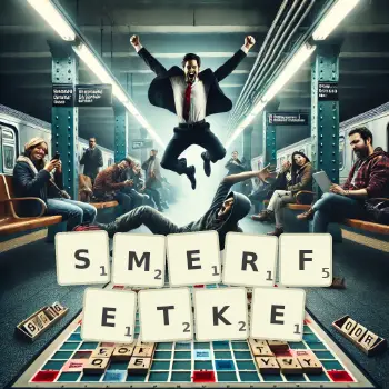 Kreatywna ilustracja do gry w Scrabble ze słowem SMERFETKE ułożonym z płytek na planszy.