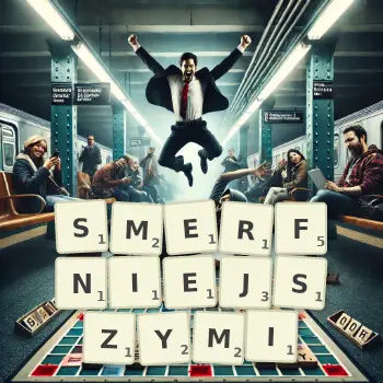 Kreatywna ilustracja do gry w Scrabble ze słowem SMERFNIEJSZYMI ułożonym z płytek na planszy.