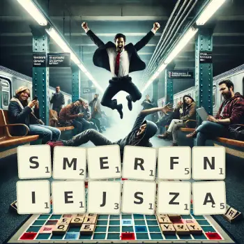 Kreatywna ilustracja do gry w Scrabble ze słowem SMERFNIEJSZĄ ułożonym z płytek na planszy.