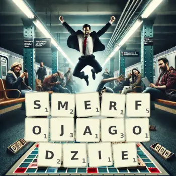 Kreatywna ilustracja do gry w Scrabble ze słowem SMERFOJAGODZIE ułożonym z płytek na planszy.