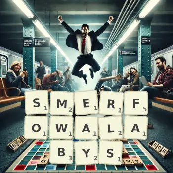 Kreatywna ilustracja do gry w Scrabble ze słowem SMERFOWALABYS ułożonym z płytek na planszy.