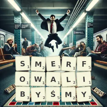 Kreatywna ilustracja do gry w Scrabble ze słowem SMERFOWALIBYŚMY ułożonym z płytek na planszy.