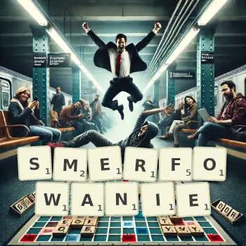 Kreatywna ilustracja do gry w Scrabble ze słowem SMERFOWANIE ułożonym z płytek na planszy.