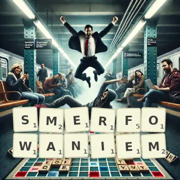 Kreatywna ilustracja do gry w Scrabble ze słowem SMERFOWANIEM ułożonym z płytek na planszy.