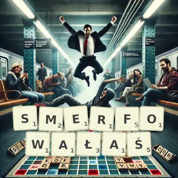Kreatywna ilustracja do gry w Scrabble ze słowem SMERFOWAŁAŚ ułożonym z płytek na planszy.