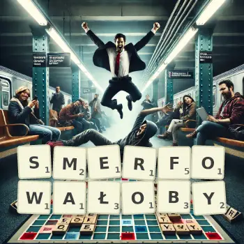 Kreatywna ilustracja do gry w Scrabble ze słowem SMERFOWAŁOBY ułożonym z płytek na planszy.