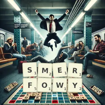 Kreatywna ilustracja do gry w Scrabble ze słowem SMERFOWY ułożonym z płytek na planszy.