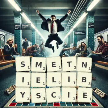 Kreatywna ilustracja do gry w Scrabble ze słowem SMETNIELIBYSCIE ułożonym z płytek na planszy.