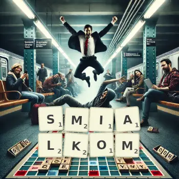 Kreatywna ilustracja do gry w Scrabble ze słowem SMIALKOM ułożonym z płytek na planszy.