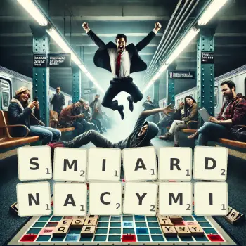 Kreatywna ilustracja do gry w Scrabble ze słowem SMIARDNACYMI ułożonym z płytek na planszy.