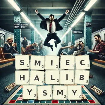 Kreatywna ilustracja do gry w Scrabble ze słowem SMIECHALIBYSMY ułożonym z płytek na planszy.