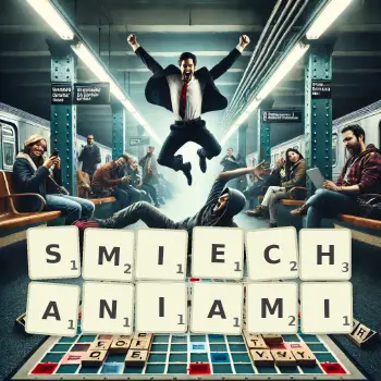 Kreatywna ilustracja do gry w Scrabble ze słowem SMIECHANIAMI ułożonym z płytek na planszy.