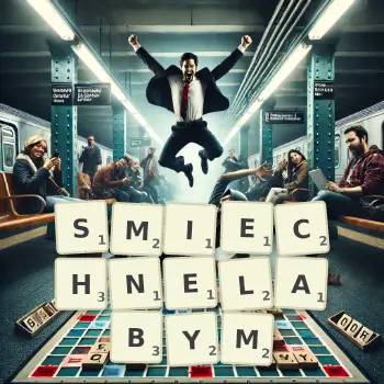 Kreatywna ilustracja do gry w Scrabble ze słowem SMIECHNELABYM ułożonym z płytek na planszy.