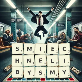 Kreatywna ilustracja do gry w Scrabble ze słowem SMIECHNELIBYSMY ułożonym z płytek na planszy.