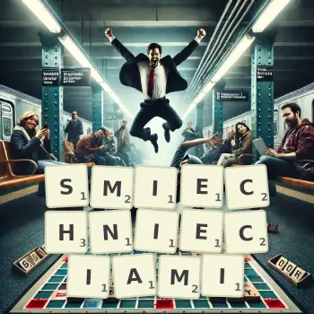 Kreatywna ilustracja do gry w Scrabble ze słowem SMIECHNIECIAMI ułożonym z płytek na planszy.