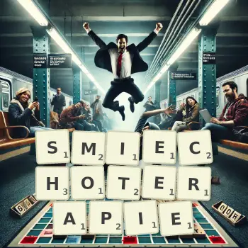 Kreatywna ilustracja do gry w Scrabble ze słowem SMIECHOTERAPIE ułożonym z płytek na planszy.