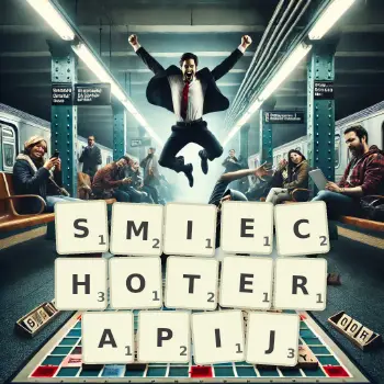 Kreatywna ilustracja do gry w Scrabble ze słowem SMIECHOTERAPIJ ułożonym z płytek na planszy.